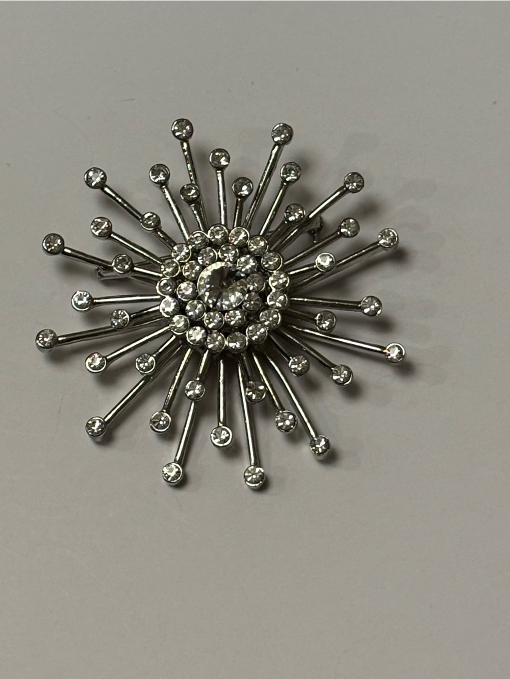 Sparkling Starburst Rhinestone Brooch - Silver Tone 2.5”